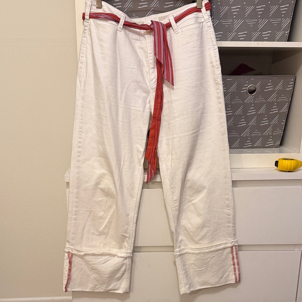 Anthropologie Cream and Red Wide Leg Jeans